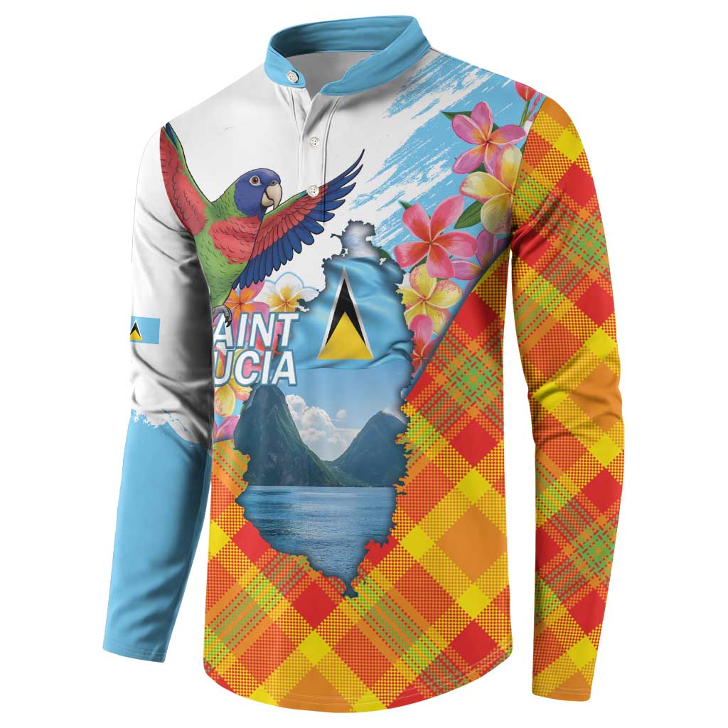 Saint Lucia Independence Day Button Sweatshirt Saint Lucian Map Pitons Madras Pattern