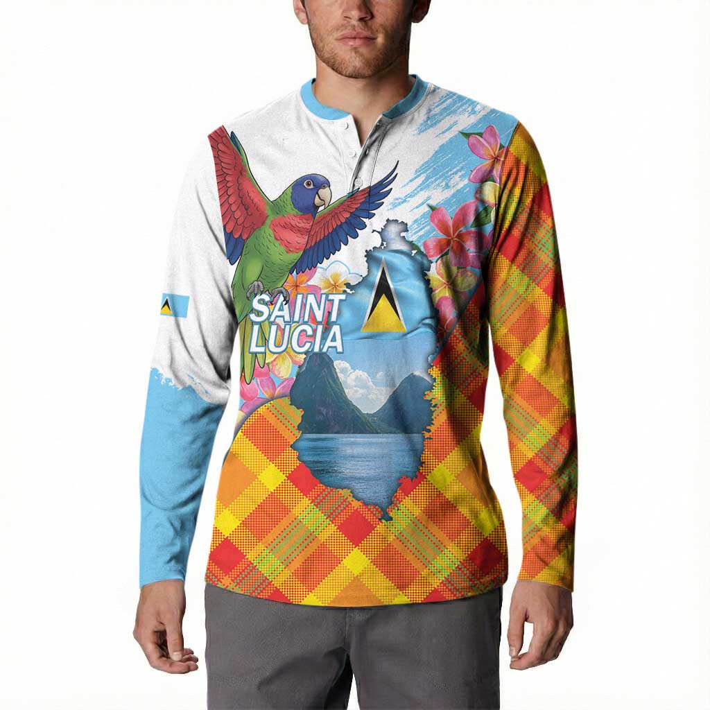 Saint Lucia Independence Day Button Sweatshirt Saint Lucian Map Pitons Madras Pattern