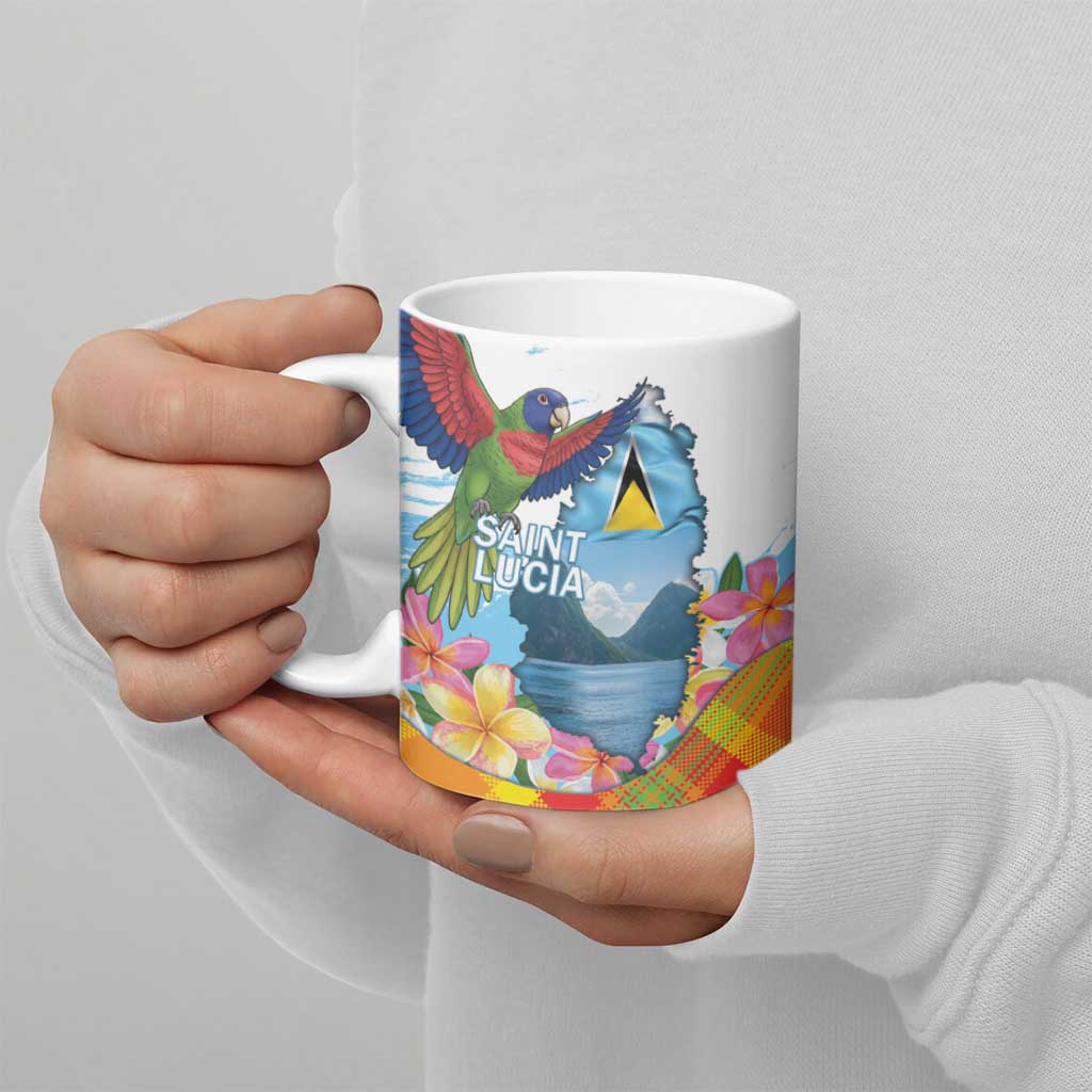 Saint Lucia Independence Day Ceramic Mug Saint Lucian Map Pitons Madras Pattern
