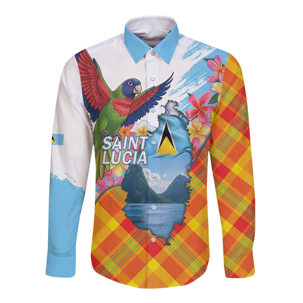 Saint Lucia Independence Day Long Sleeve Button Shirt Saint Lucian Map Pitons Madras Pattern