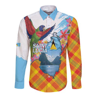 Saint Lucia Independence Day Long Sleeve Button Shirt Saint Lucian Map Pitons Madras Pattern