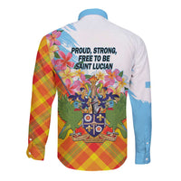 Saint Lucia Independence Day Long Sleeve Button Shirt Saint Lucian Map Pitons Madras Pattern
