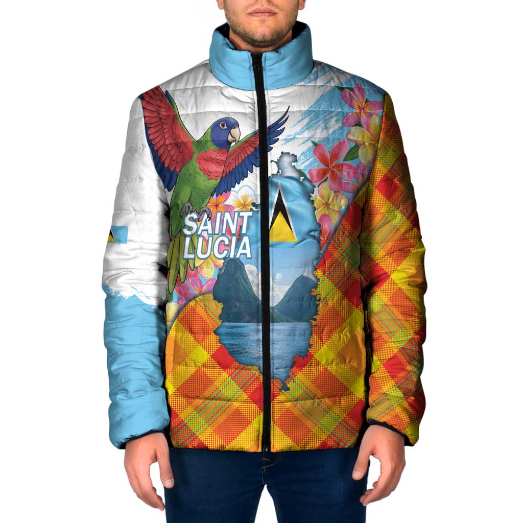 Saint Lucia Independence Day Padded Jacket Saint Lucian Map Pitons Madras Pattern