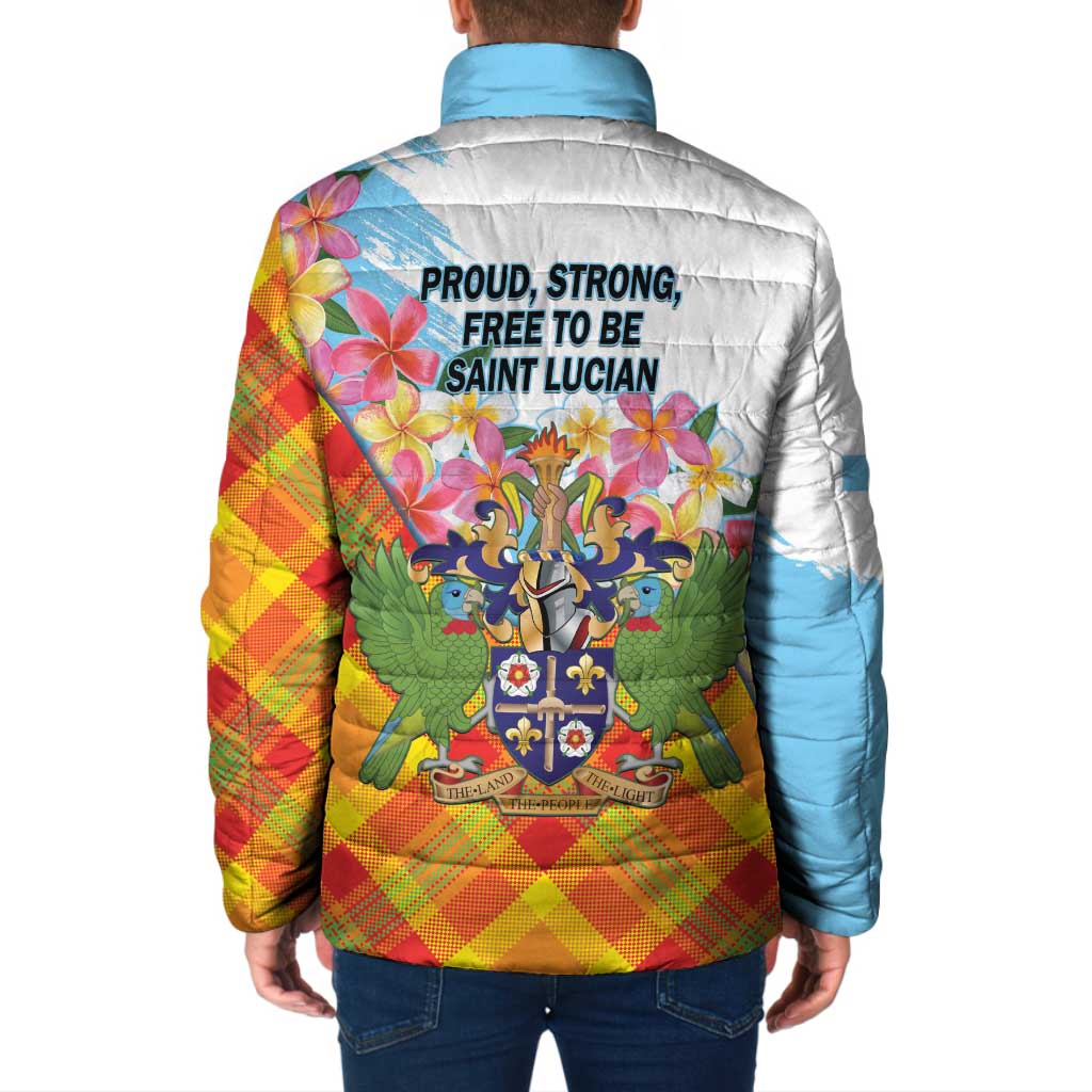 Saint Lucia Independence Day Padded Jacket Saint Lucian Map Pitons Madras Pattern