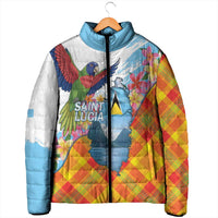Saint Lucia Independence Day Padded Jacket Saint Lucian Map Pitons Madras Pattern