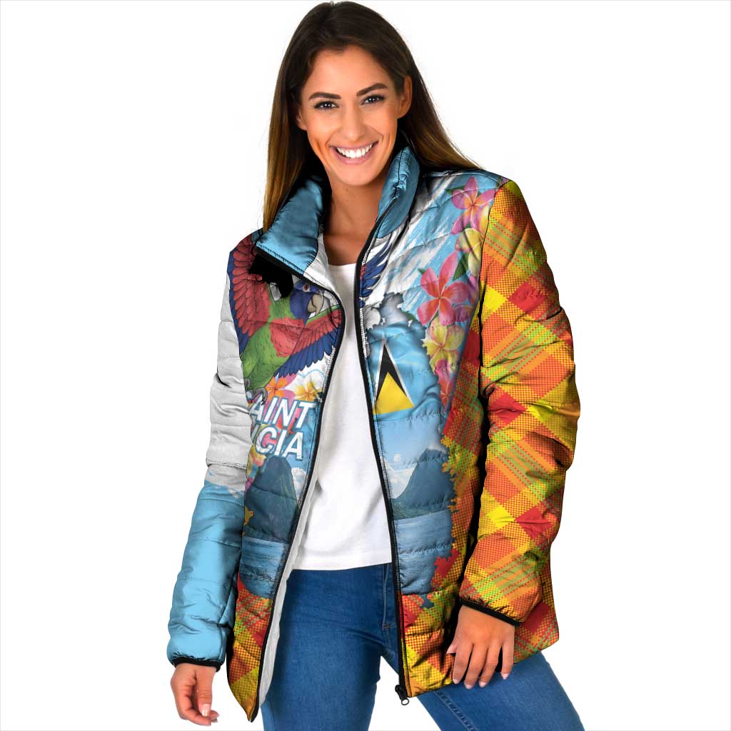 Saint Lucia Independence Day Padded Jacket Saint Lucian Map Pitons Madras Pattern