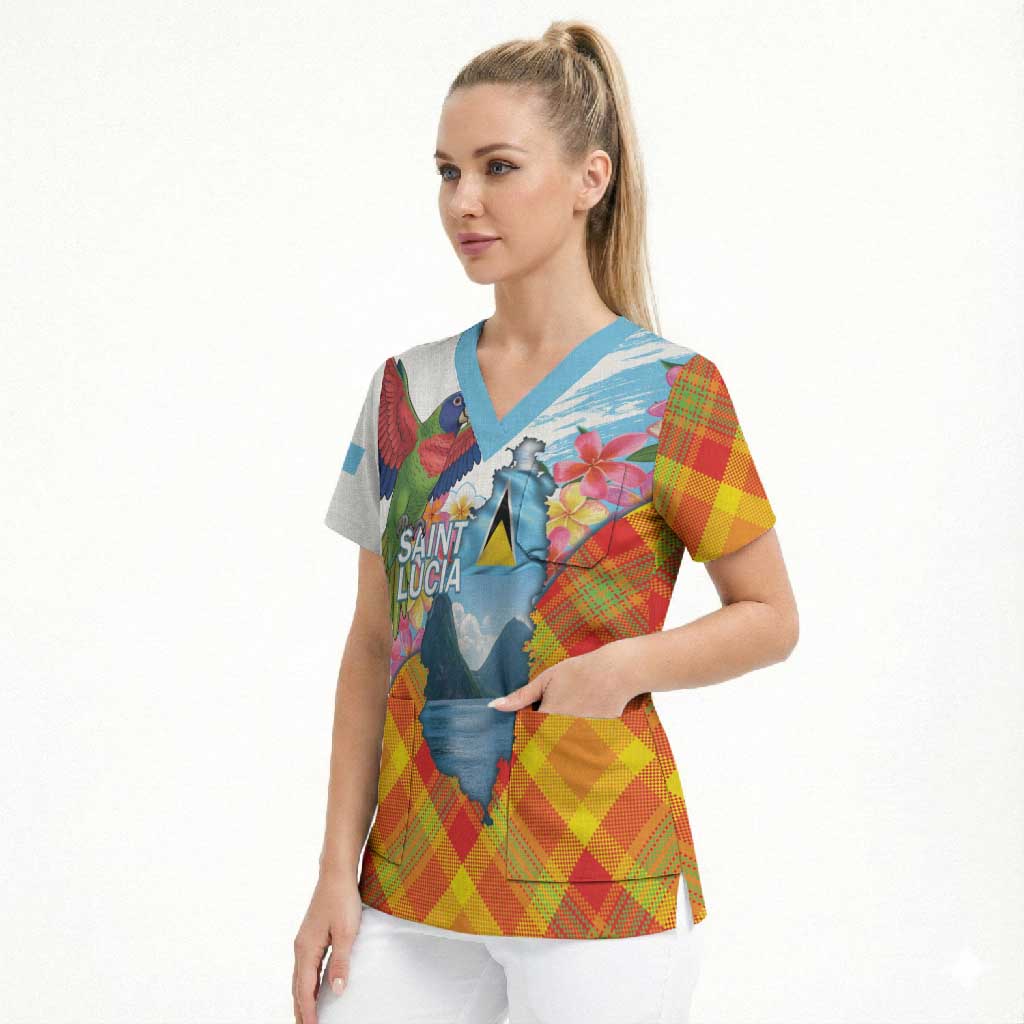 Saint Lucia Independence Day Scrub Top Saint Lucian Map Pitons Madras Pattern