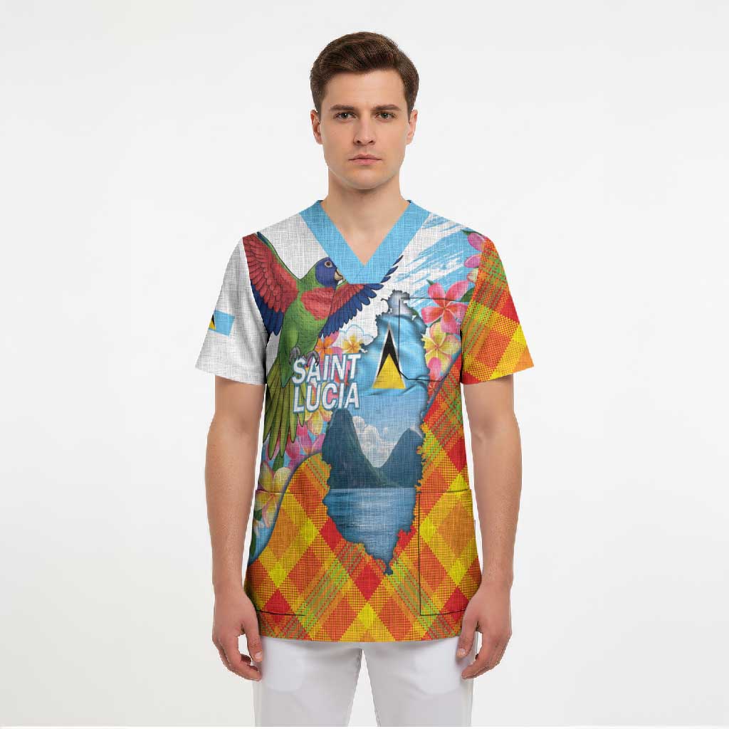 Saint Lucia Independence Day Scrub Top Saint Lucian Map Pitons Madras Pattern