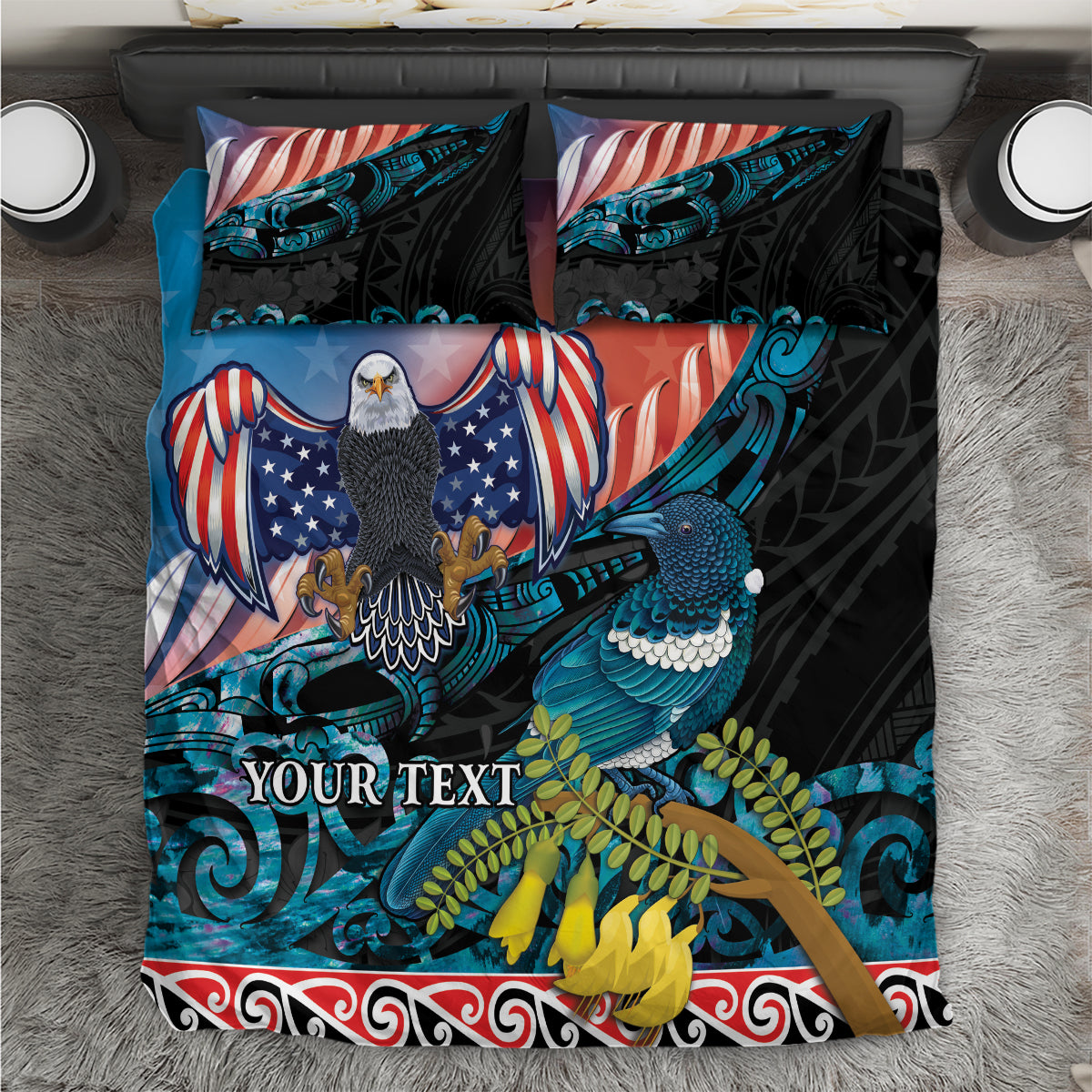Personalized bedding set close-up: black and blue duvet with eagle and tui bird artwork, 2 pillows