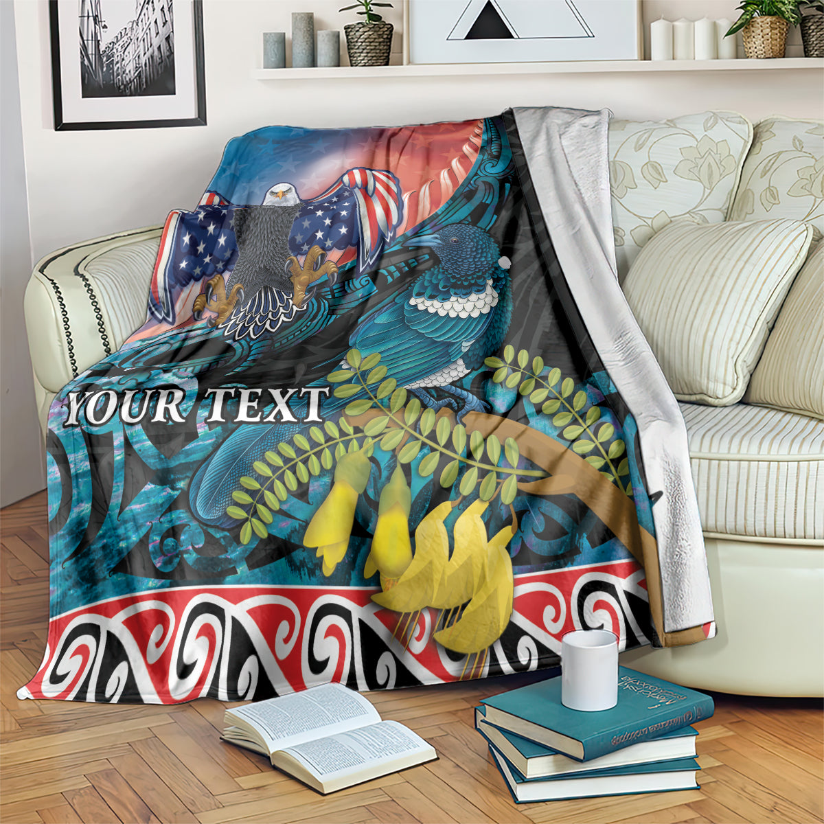 Personalized blue blanket with U.S. eagle, feather artwork, stars, and white trim
