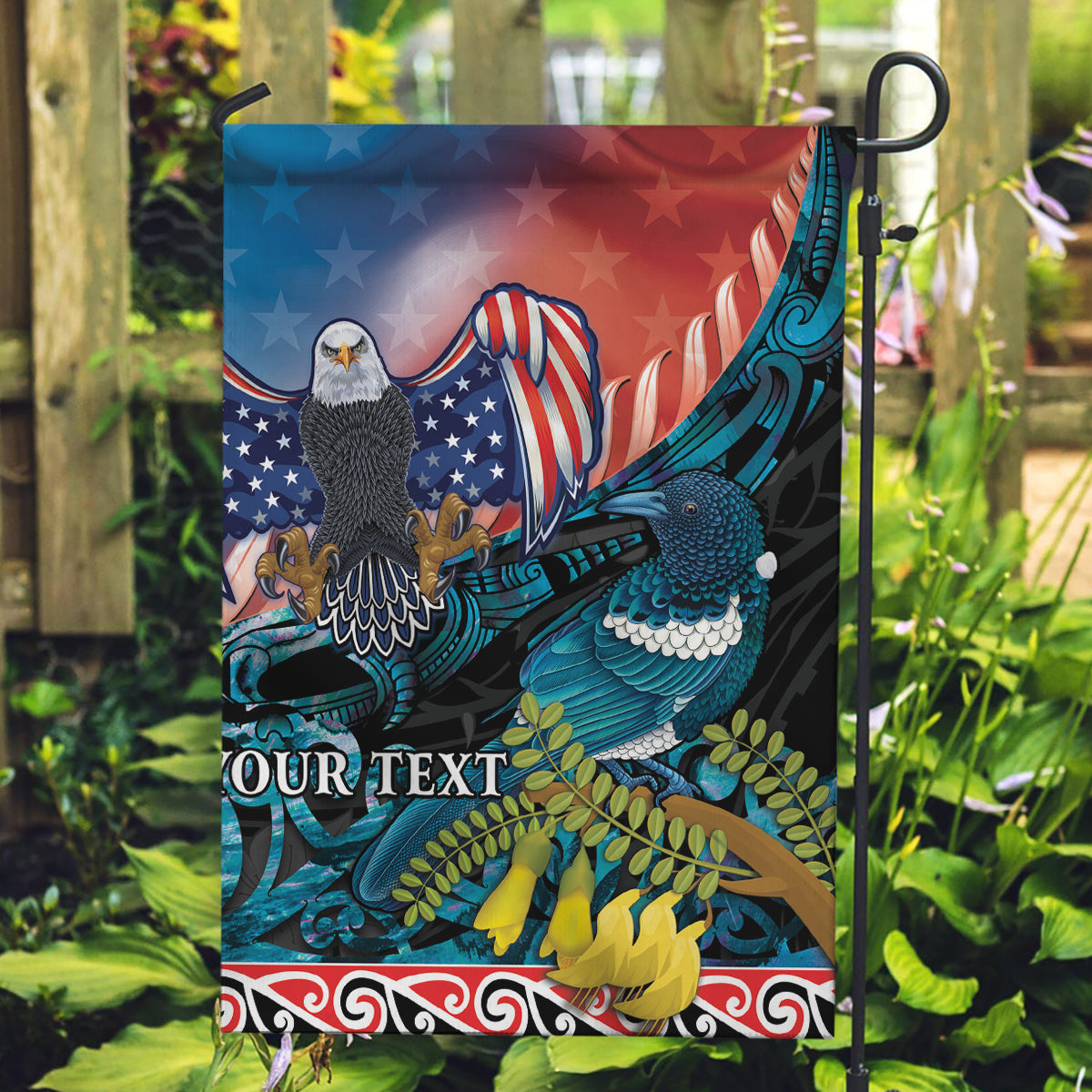 Personalised United States And New Zealand Garden Flag USA Eagle With Kowhai Aotearoa Tui Bird - Wonder Print Shop