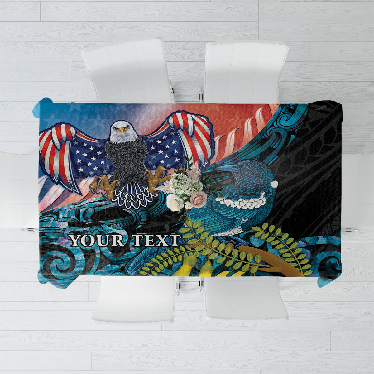 Colorful printed tablecloth with eagle and blue bird, black and red decorative border