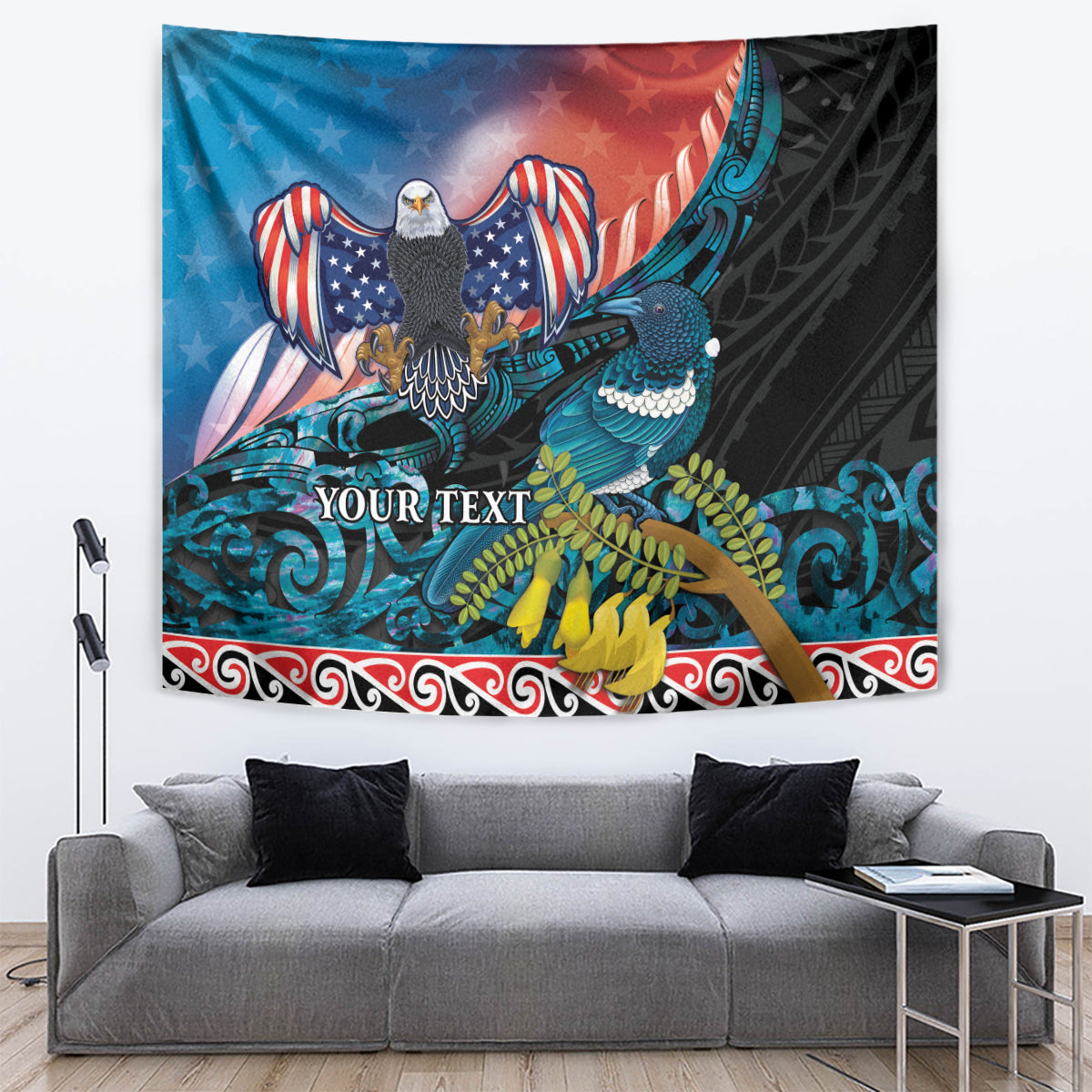 Eagle tapestry with teal feathered bird and stars, blue/red gradient, 'YOUR TEXT'.