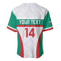 White V-neck baseball jersey with YOUR TEXT and number 14, green/red side stripes