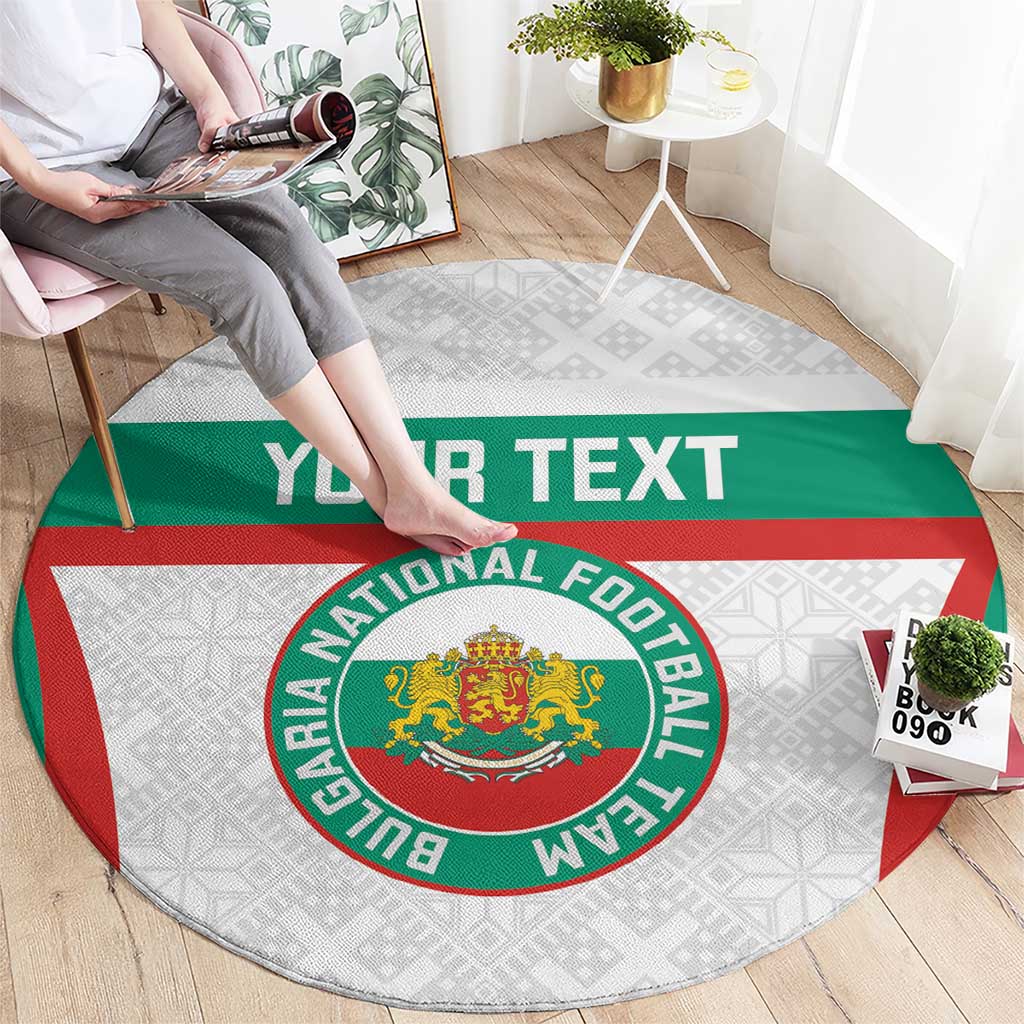 Round Bulgaria football rug on floor, green banner and crest with red stripe edges