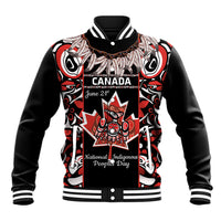 Black baseball jacket with red, white and indigenous-style graphic panel, snap front