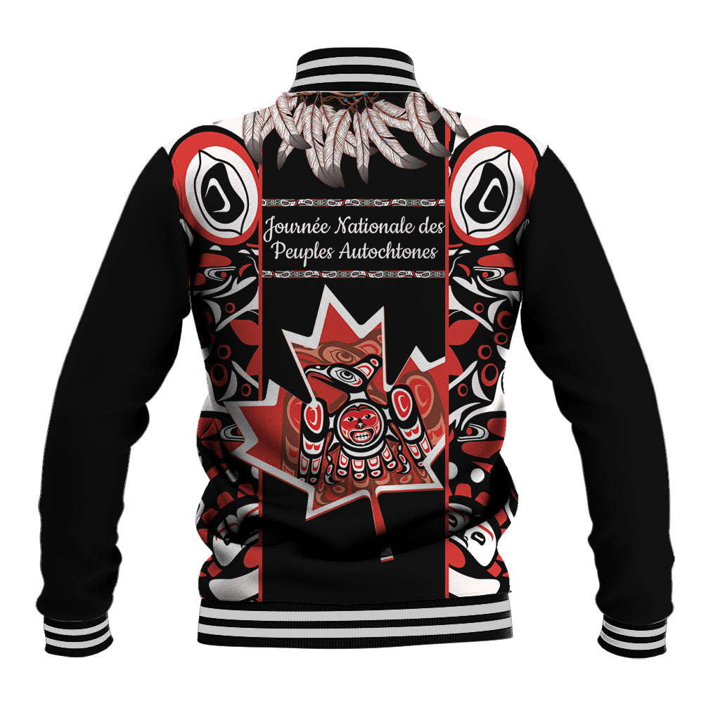 Black baseball jacket with red and white back graphic, ribbed striped collar and cuffs