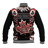 Black baseball jacket with red and white back graphic, ribbed striped collar and cuffs