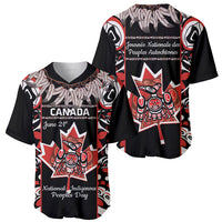 Black baseball jersey with red maple star and Indigenous artwork, two views