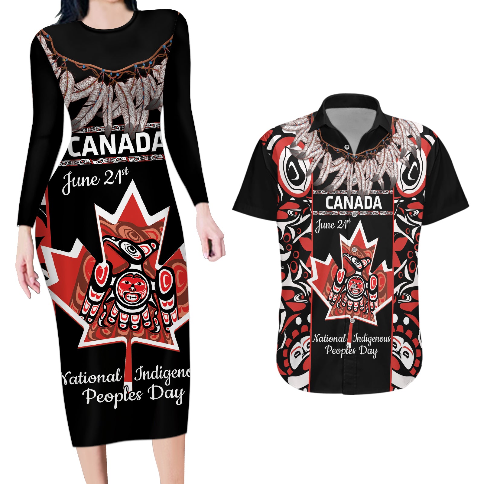 Canada National Aboriginal Day Couples Matching Long Sleeve Bodycon Dress and Hawaiian Shirt Canadian Indigenous Haida - Wonder Print Shop