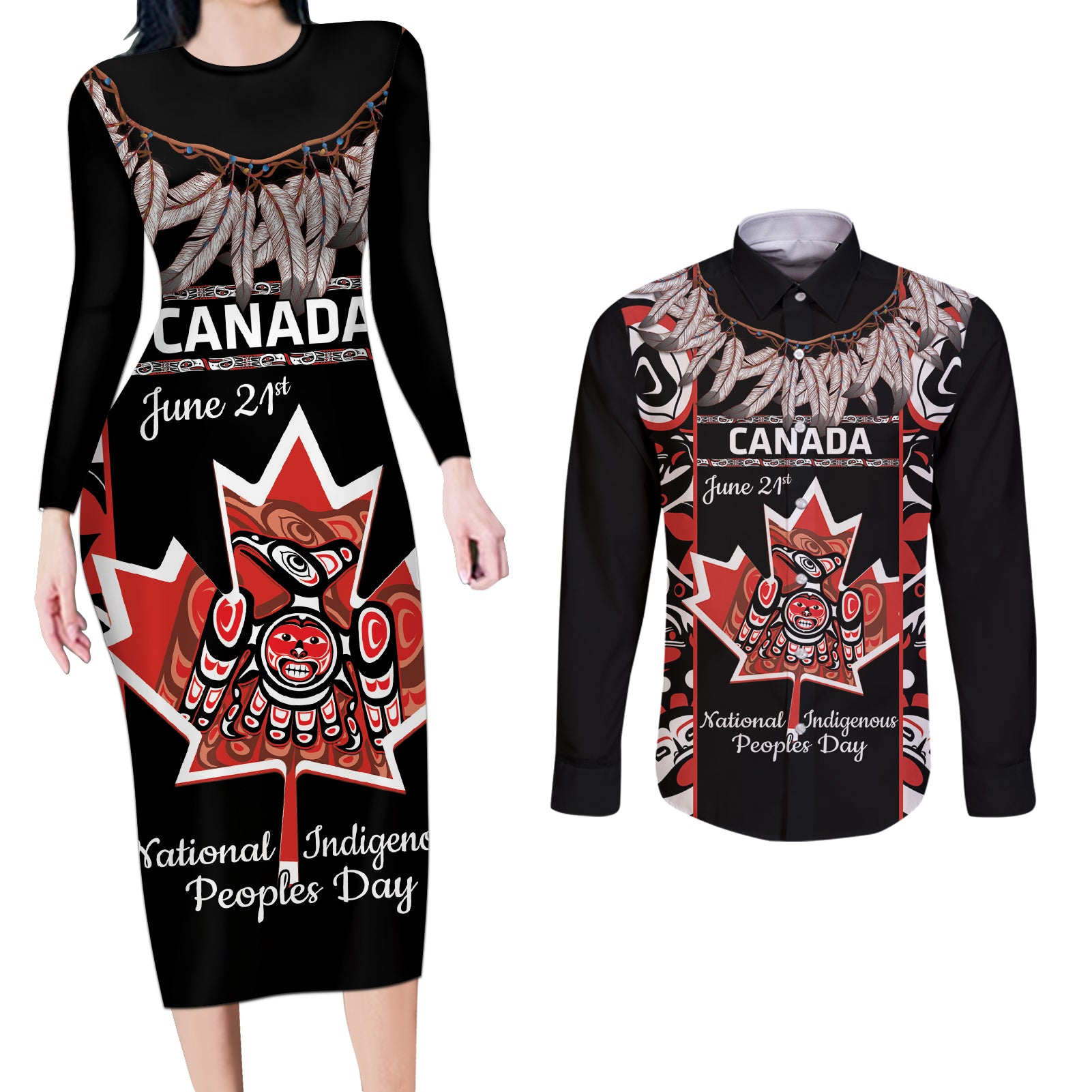 Canada National Aboriginal Day Couples Matching Long Sleeve Bodycon Dress and Long Sleeve Button Shirt Canadian Indigenous Haida - Wonder Print Shop