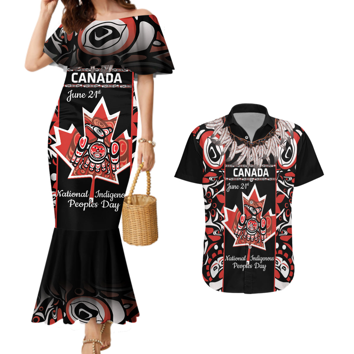 Canada National Aboriginal Day Couples Matching Mermaid Dress and Hawaiian Shirt Canadian Indigenous Haida - Wonder Print Shop