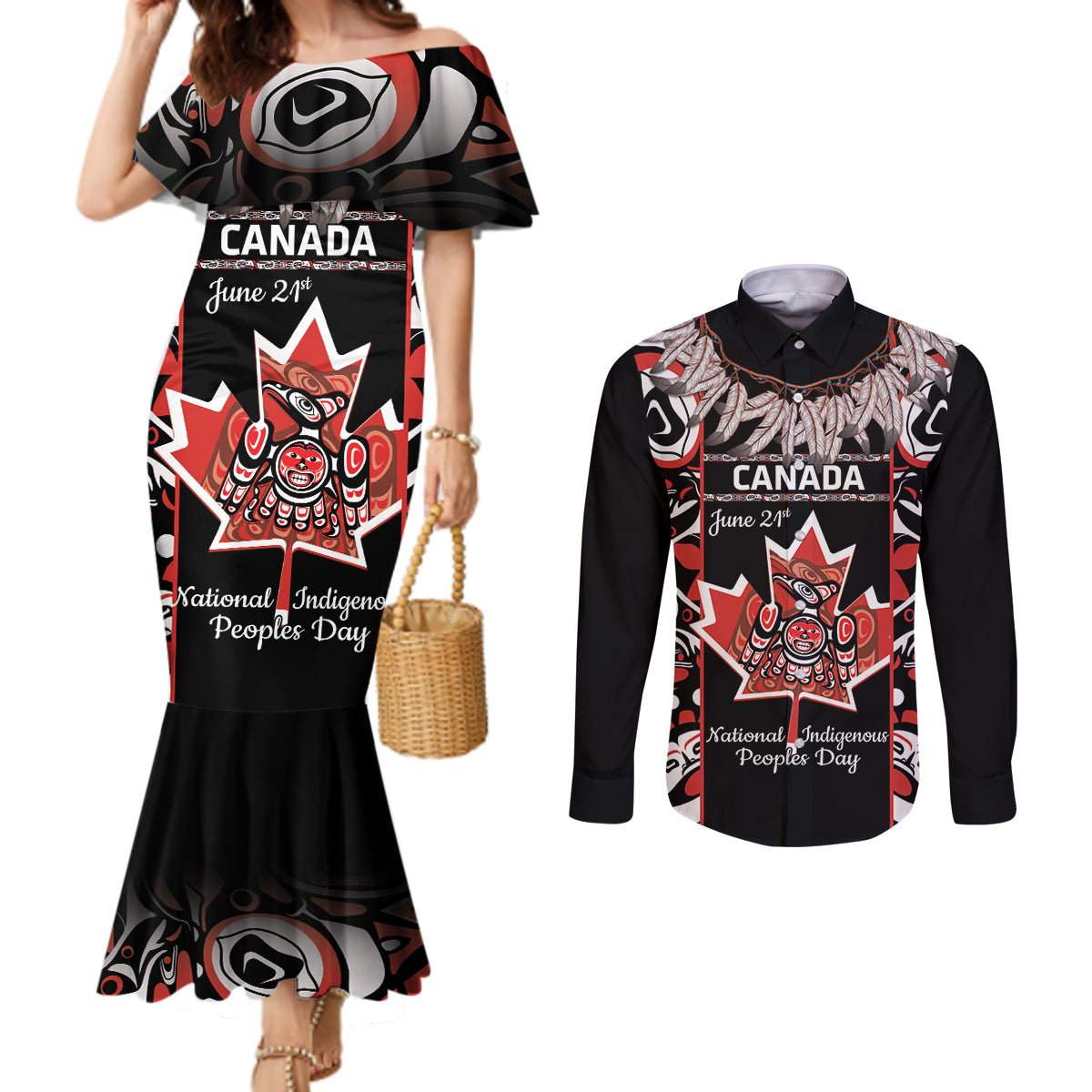 Canada National Aboriginal Day Couples Matching Mermaid Dress and Long Sleeve Button Shirt Canadian Indigenous Haida