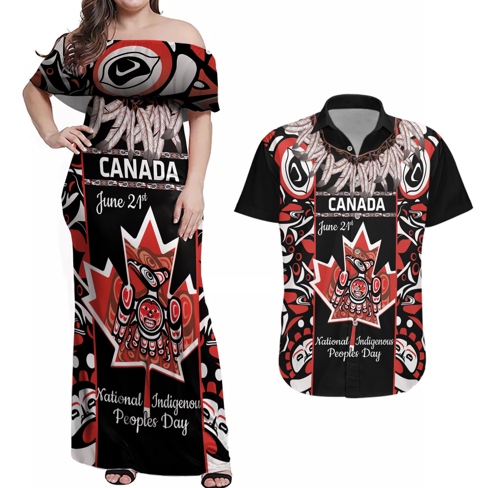 Canada National Aboriginal Day Couples Matching Off Shoulder Maxi Dress and Hawaiian Shirt Canadian Indigenous Haida - Wonder Print Shop