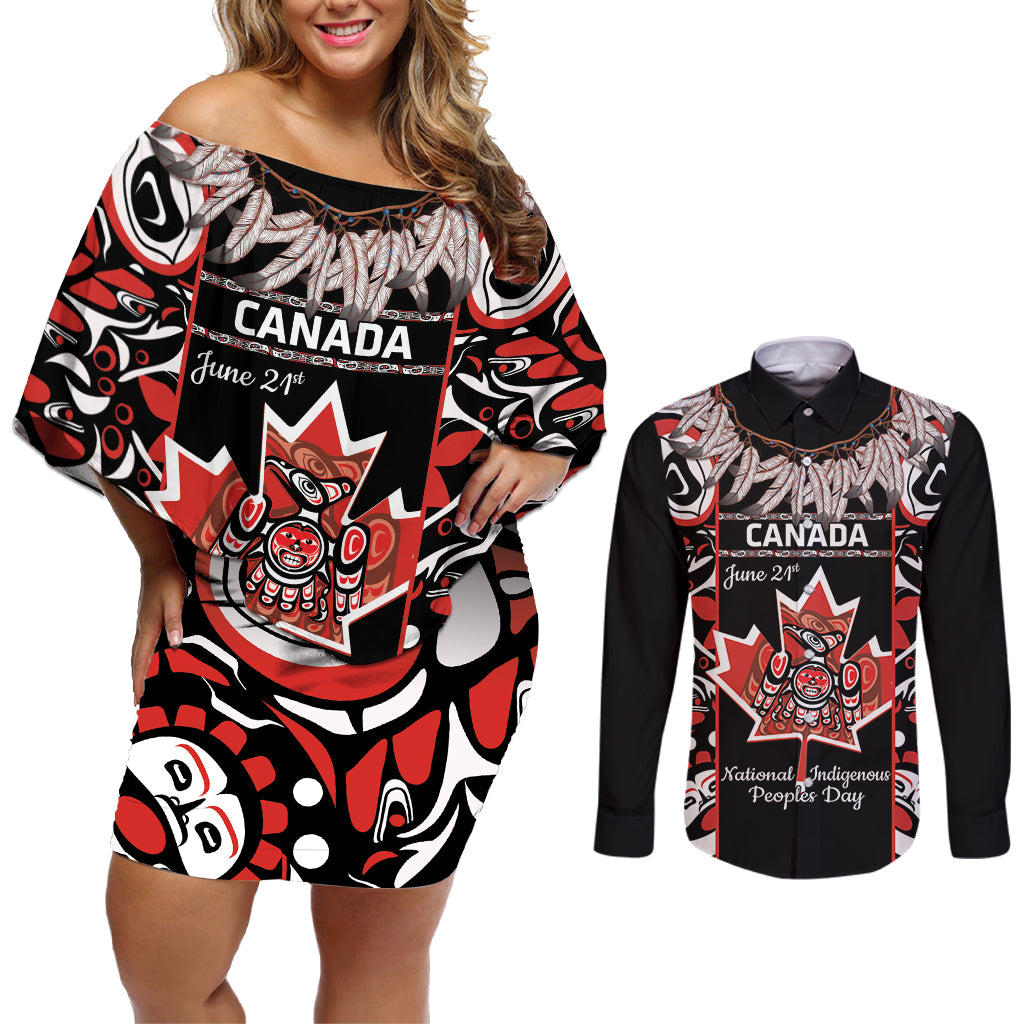 Canada National Aboriginal Day Couples Matching Off Shoulder Short Dress and Long Sleeve Button Shirt Canadian Indigenous Haida - Wonder Print Shop