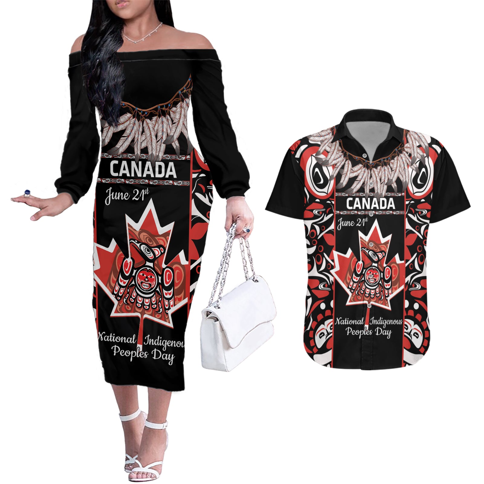 Canada National Aboriginal Day Couples Matching Off The Shoulder Long Sleeve Dress and Hawaiian Shirt Canadian Indigenous Haida - Wonder Print Shop