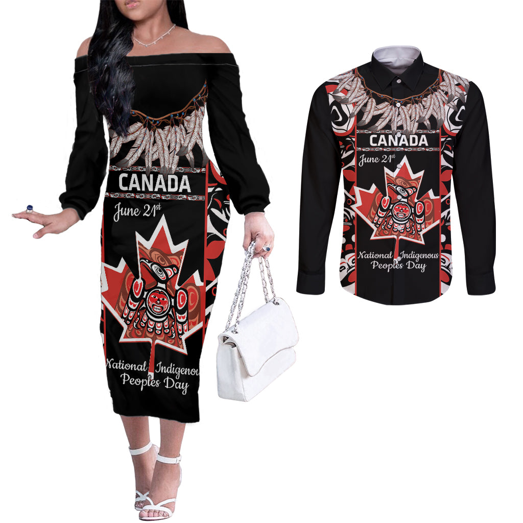 Canada National Aboriginal Day Couples Matching Off The Shoulder Long Sleeve Dress and Long Sleeve Button Shirt Canadian Indigenous Haida