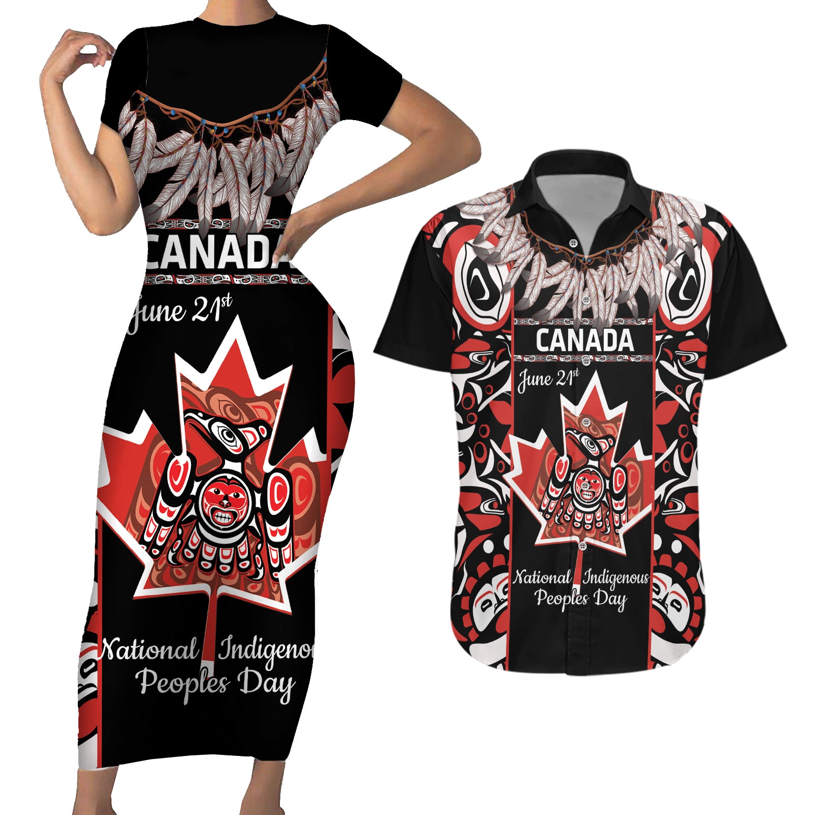 Canada National Aboriginal Day Couples Matching Short Sleeve Bodycon Dress and Hawaiian Shirt Canadian Indigenous Haida - Wonder Print Shop