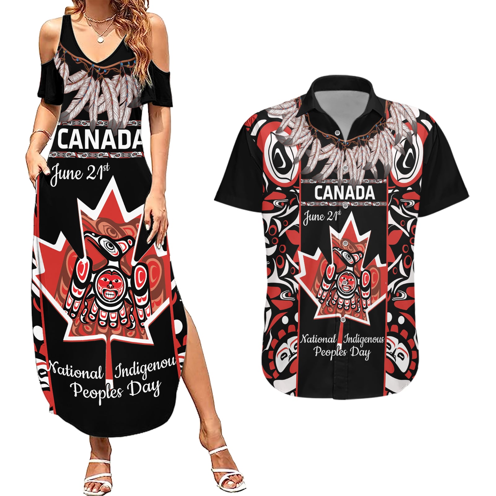 Canada National Aboriginal Day Couples Matching Summer Maxi Dress and Hawaiian Shirt Canadian Indigenous Haida - Wonder Print Shop