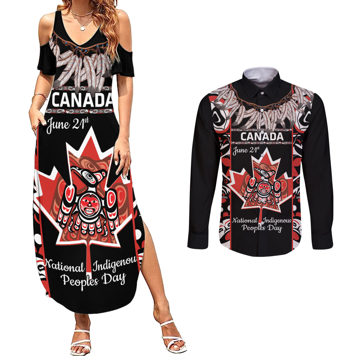 Canada National Aboriginal Day Couples Matching Summer Maxi Dress and Long Sleeve Button Shirt Canadian Indigenous Haida - Wonder Print Shop