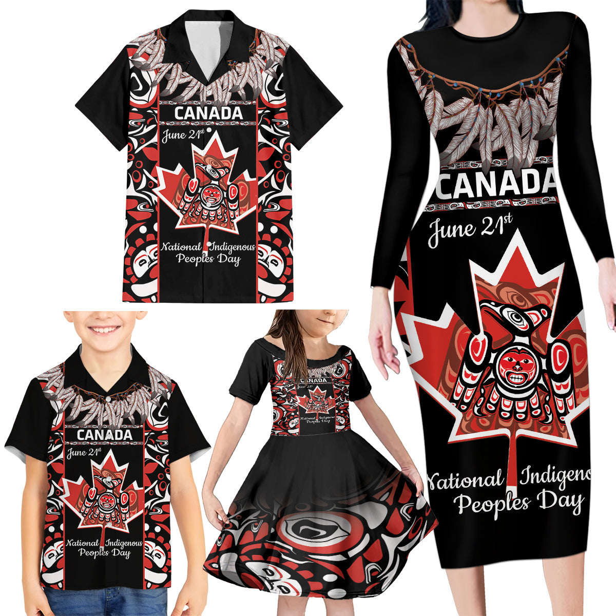 Canada National Aboriginal Day Family Matching Long Sleeve Bodycon Dress and Hawaiian Shirt Canadian Indigenous Haida - Wonder Print Shop