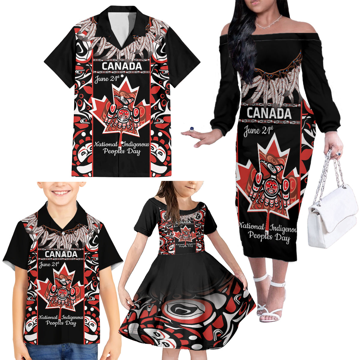 Canada National Aboriginal Day Family Matching Off The Shoulder Long Sleeve Dress and Hawaiian Shirt Canadian Indigenous Haida - Wonder Print Shop