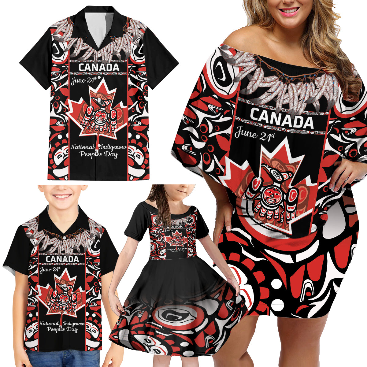 Canada National Aboriginal Day Family Matching Off Shoulder Short Dress and Hawaiian Shirt Canadian Indigenous Haida - Wonder Print Shop