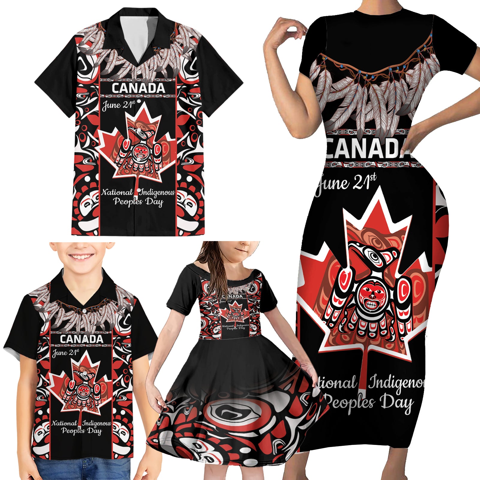 Canada National Aboriginal Day Family Matching Short Sleeve Bodycon Dress and Hawaiian Shirt Canadian Indigenous Haida - Wonder Print Shop