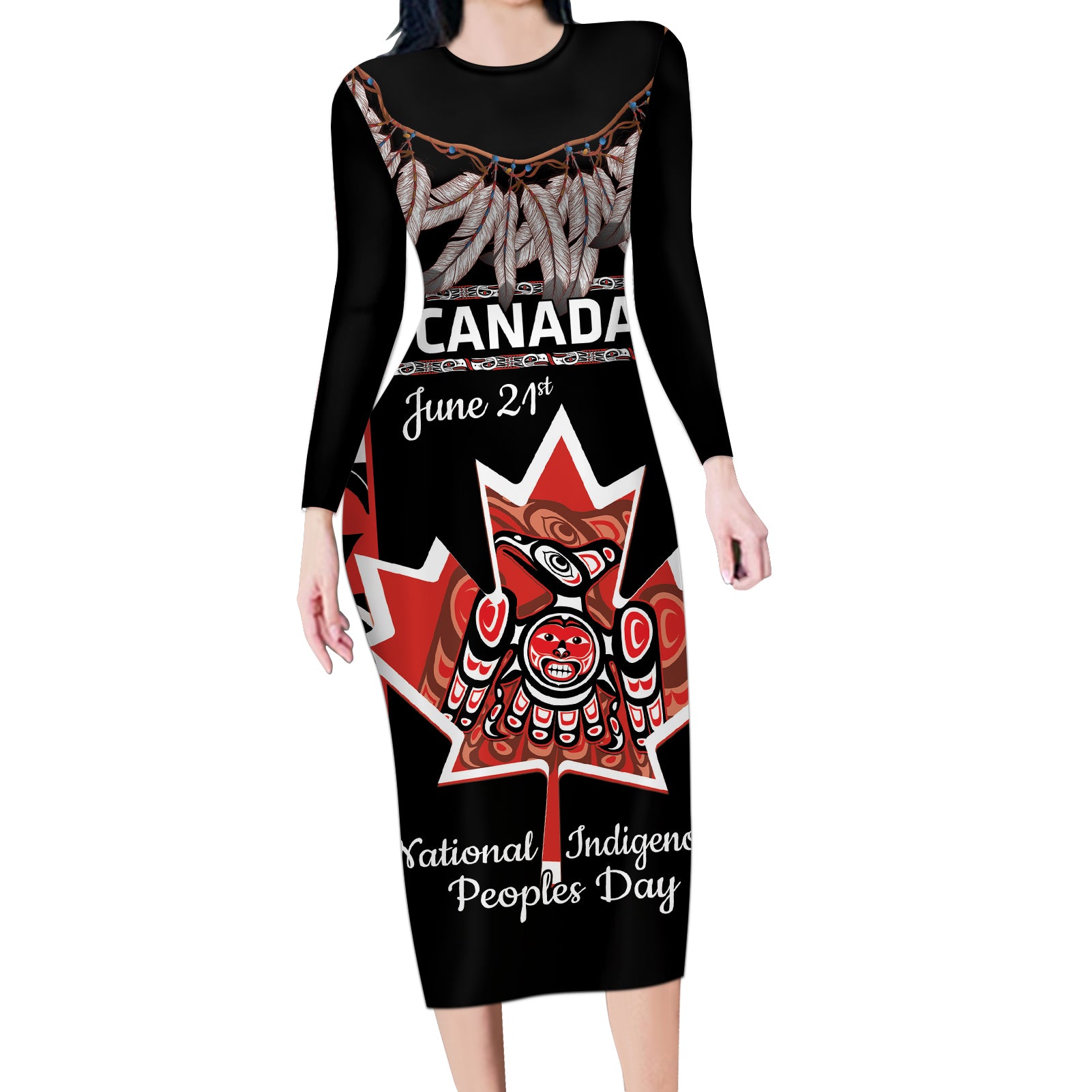 Canada National Aboriginal Day Long Sleeve Bodycon Dress Canadian Indigenous Haida - Wonder Print Shop