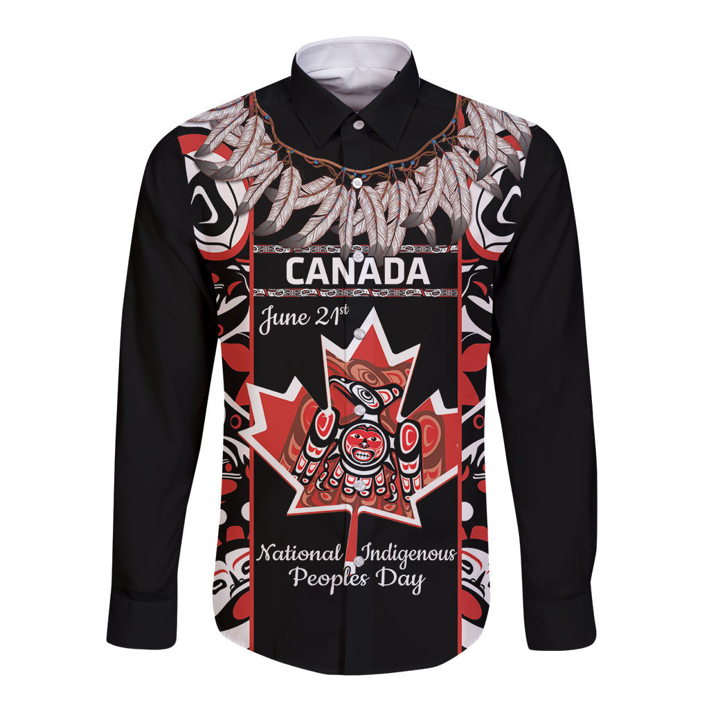 Black long sleeve button shirt with Canada Indigenous People Day front graphic
