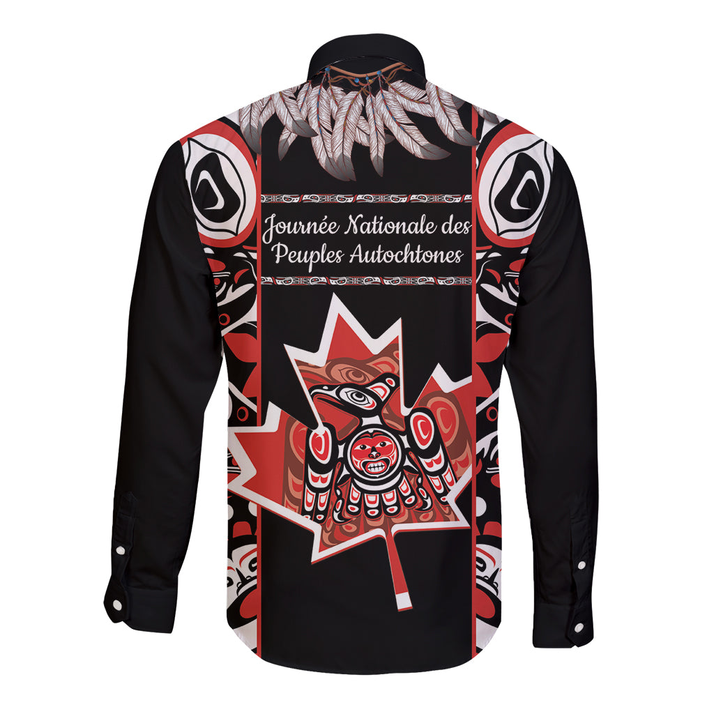 Black long sleeve button shirt with back Canada Indigenous People Day graphic