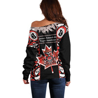 Women’s off-shoulder sweater, back print detail in red and white on black