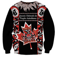 Unisex black sweatshirt with red and white Indigenous day graphic and French text
