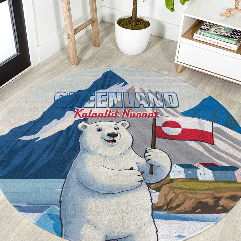 Round blue area rug with polar bear holding a flag in a circular design