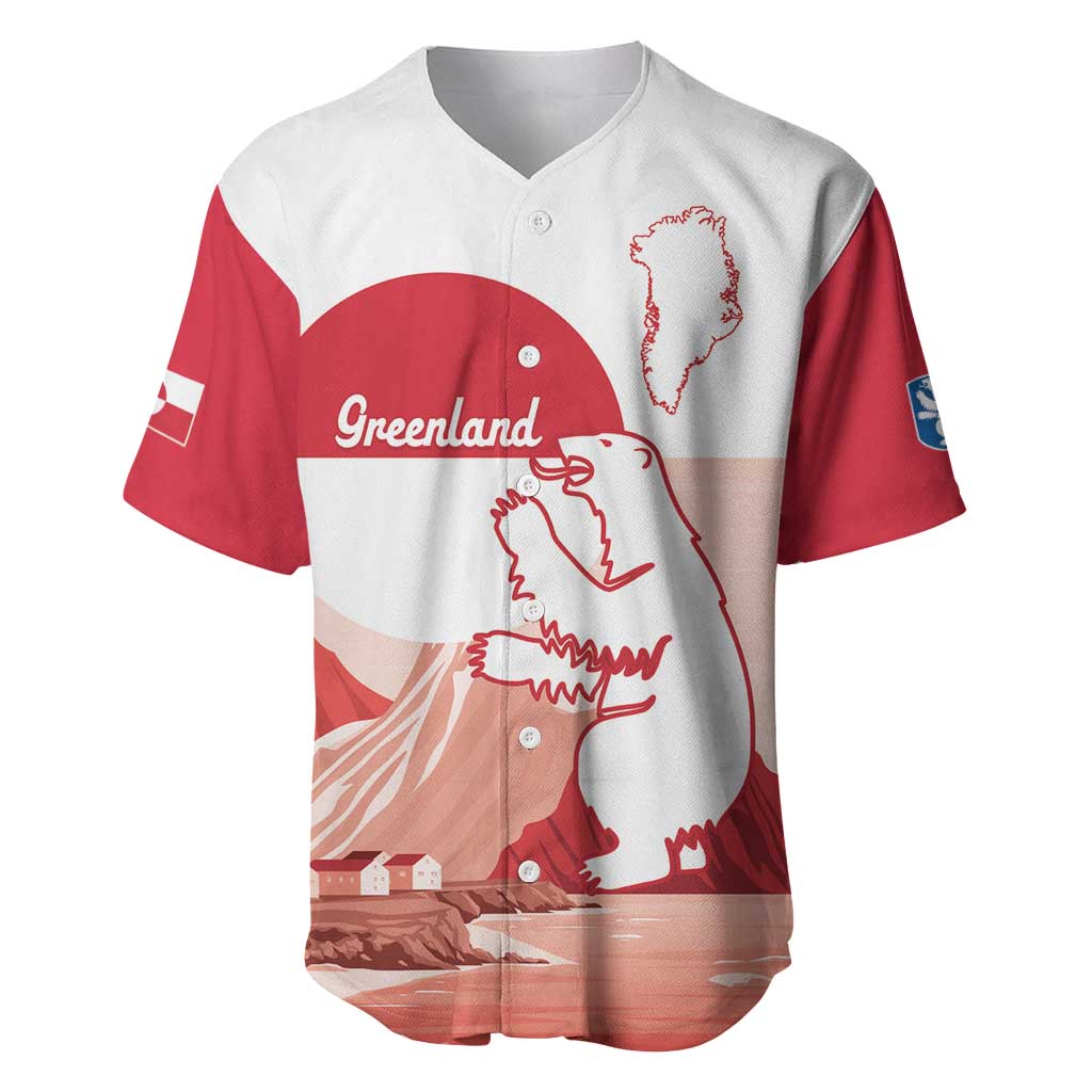Red and white baseball jersey with V-neck buttons and Greenland flag graphic front