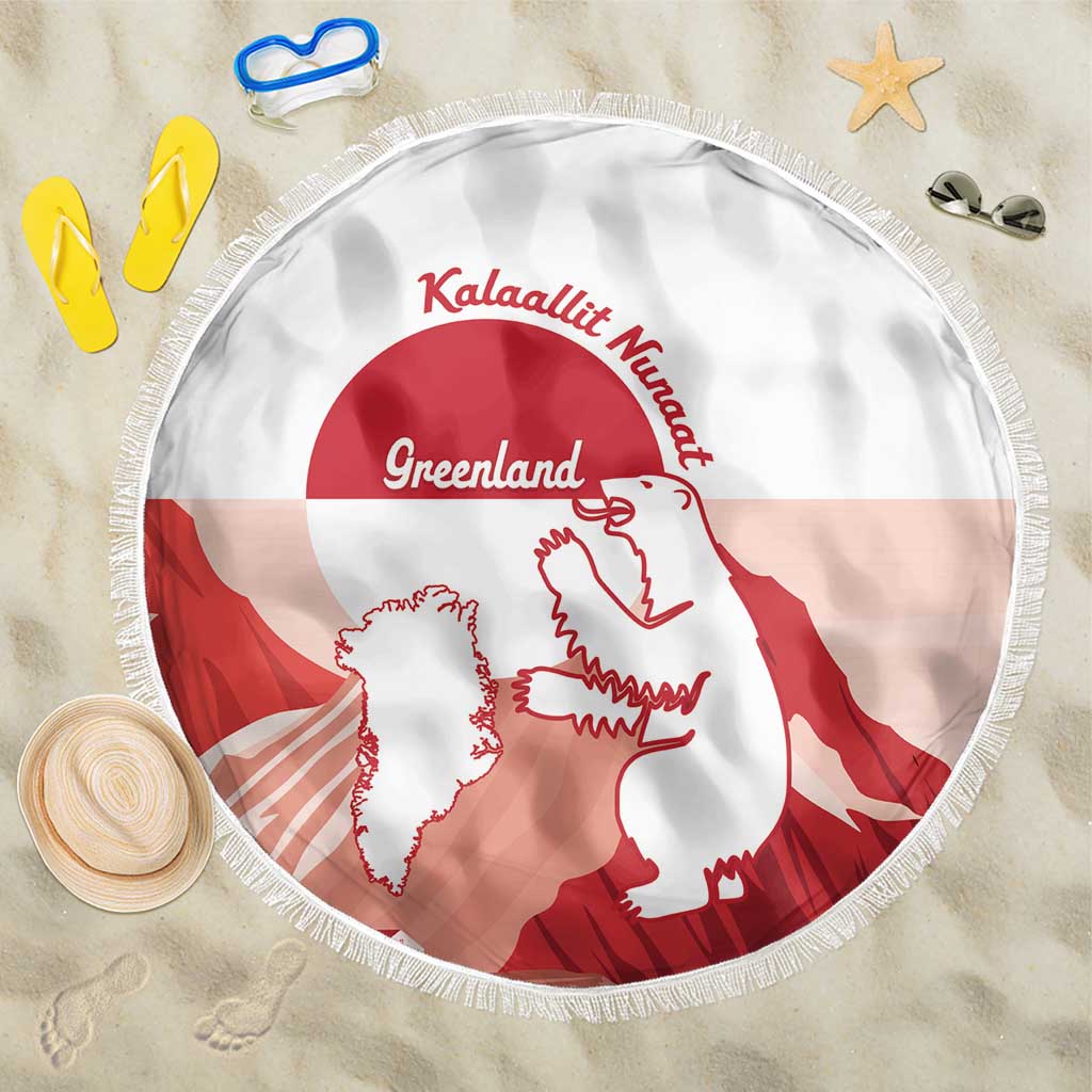 Round beach blanket with fringed edge, red-and-white Greenland flag graphic