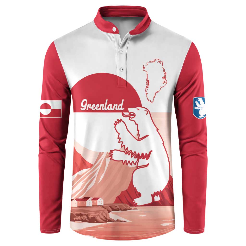 Red-and-white button sweatshirt with Greenland graphic on front and sleeves