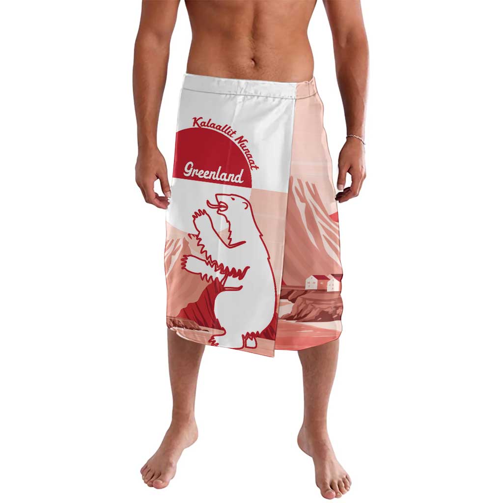 Red, white Greenland flag lavalava shorts with crest and animal graphic