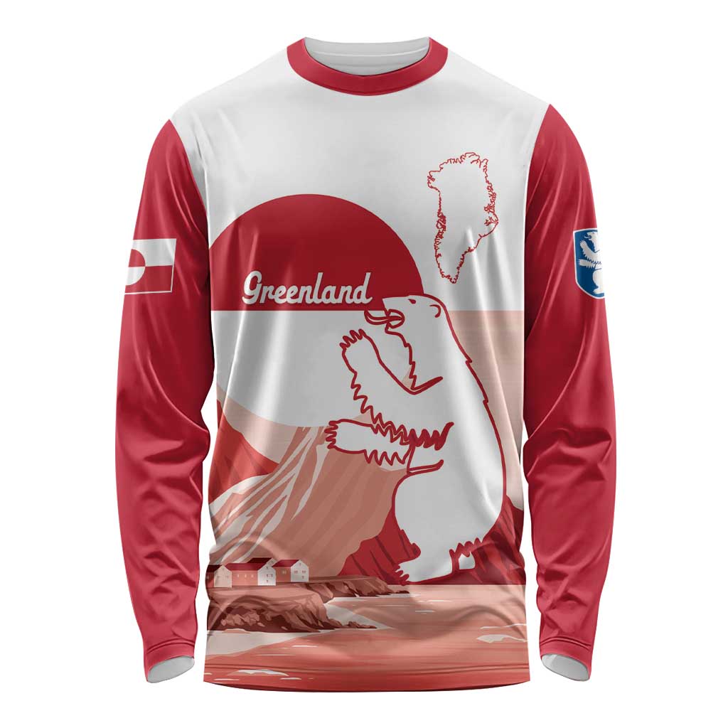 Unisex long-sleeve shirt with white body, red sleeves, and Greenland graphic on front