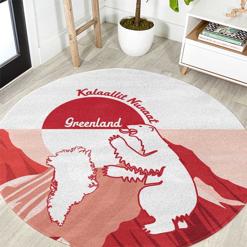 Round Greenland flag-style carpet with large map graphic and red white lettering